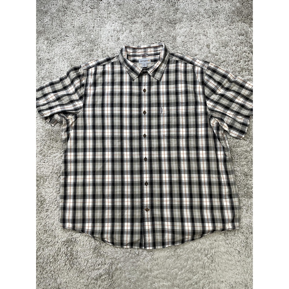 Carhartt Shirt Mens 2XL Gray Black Plaid Short Sleeve Button Front Workwear